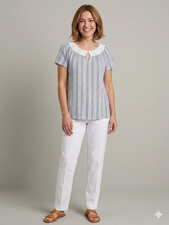 Style & Co. Tops - Style & Co. Navy and White Chevron Crochet Neck Top. Size Medium.  NWT